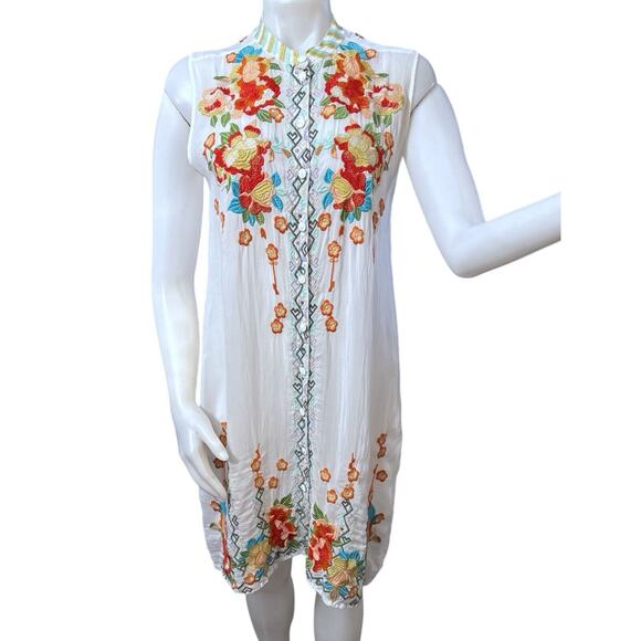 Johnny Was White Embroidered Floral Dress Size S Cupra Rayon Button Down - Picture 2 of 7